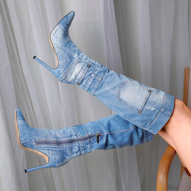 Belovely Women'S Denim Mid-Calf Boots with Pointed Toes (ORDER SIZE UP!) | Going Out Heels with Rubber Padded Sole for Comfort and Style