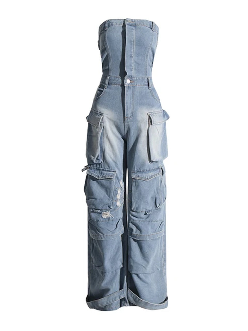 Streetwear Denim Jumpsuits for Women Strapless Sleeveless off Shoulder High Waist Cargo Pants