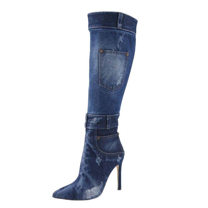 Belovely Women'S Denim Mid-Calf Boots with Pointed Toes (ORDER SIZE UP!) | Going Out Heels with Rubber Padded Sole for Comfort and Style