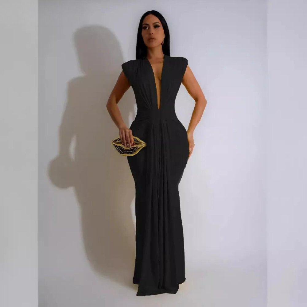 Sleeveless Deep V Waist Sexy Solid Color Stretch Elegant Dress