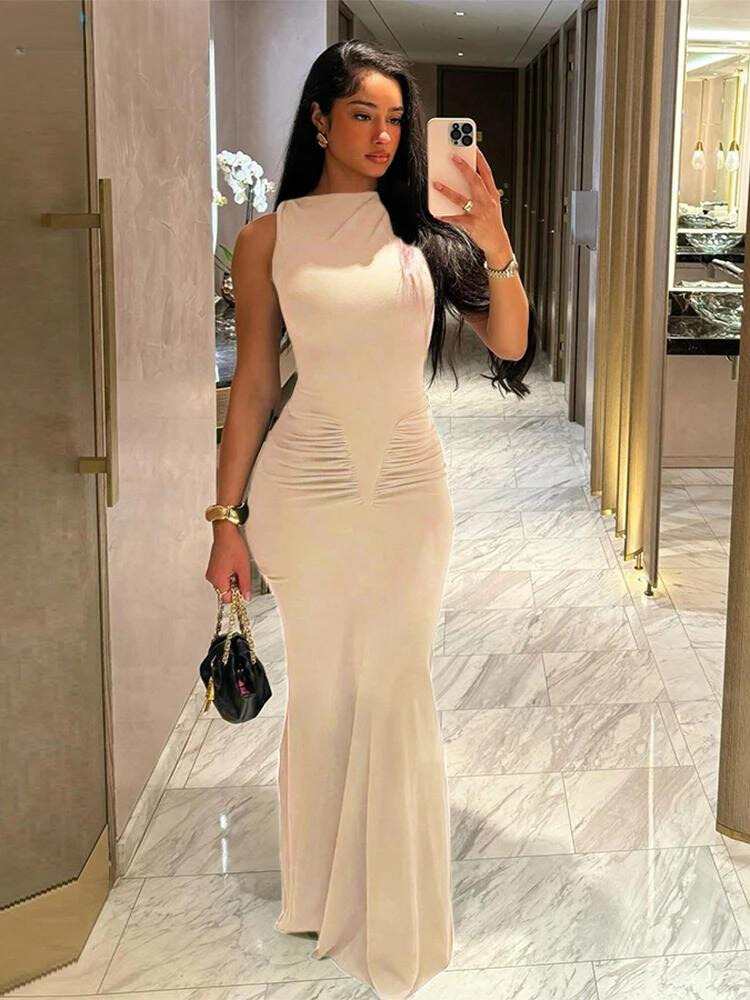 Simple Solid Sleeveless Cinched Waist Maxi Bodycon