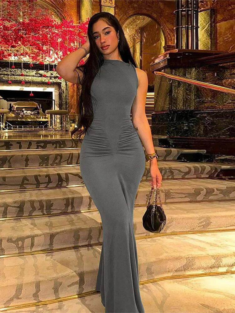 Simple Solid Sleeveless Cinched Waist Maxi Bodycon
