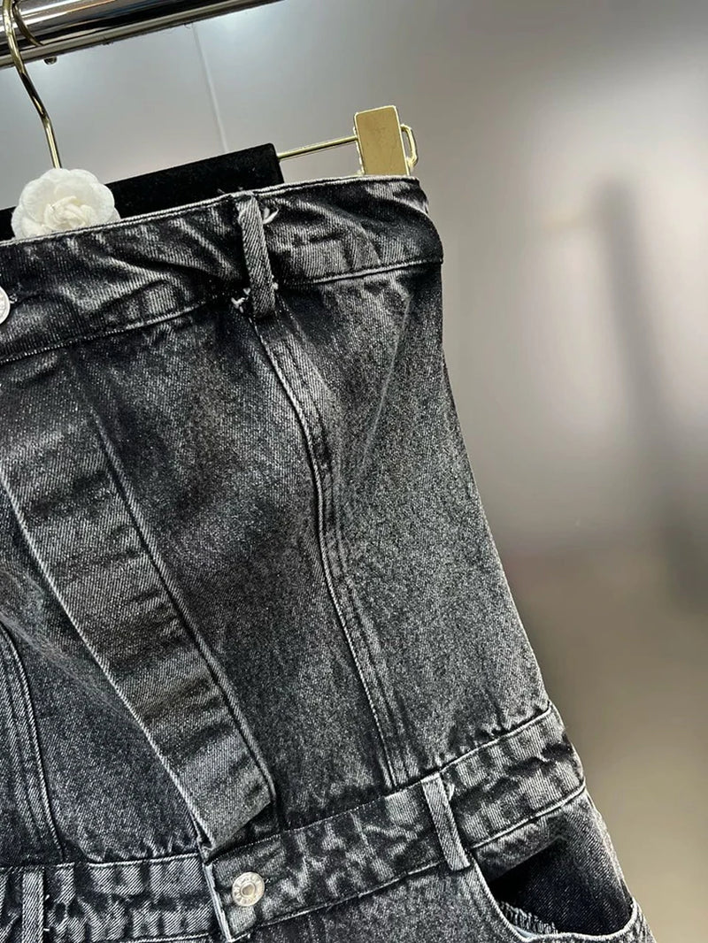 Streetwear Denim Jumpsuits for Women Strapless Sleeveless off Shoulder High Waist Cargo Pants