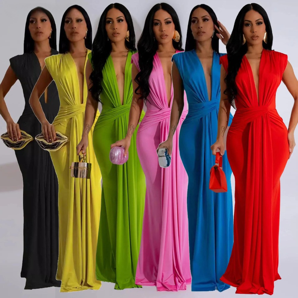 Sleeveless Deep V Waist Sexy Solid Color Stretch Elegant Dress