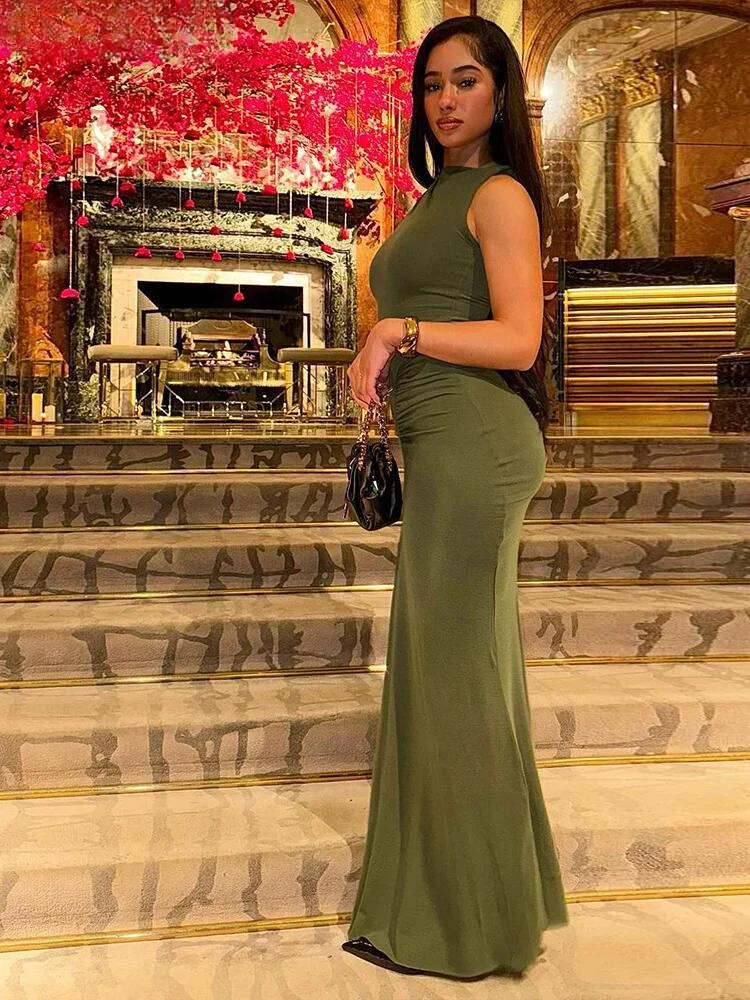 Simple Solid Sleeveless Cinched Waist Maxi Bodycon