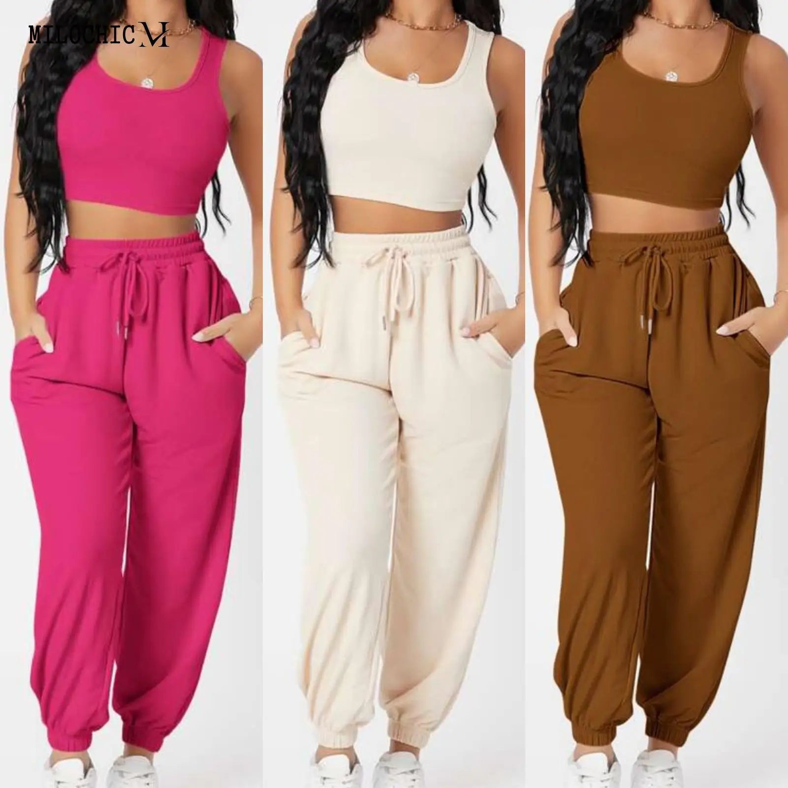 Summer Outfits Fashion Sleeveless Women Camisole+Sports Pants Knitted Casual Simple Solid Color 2 Pieces Trouser Sets