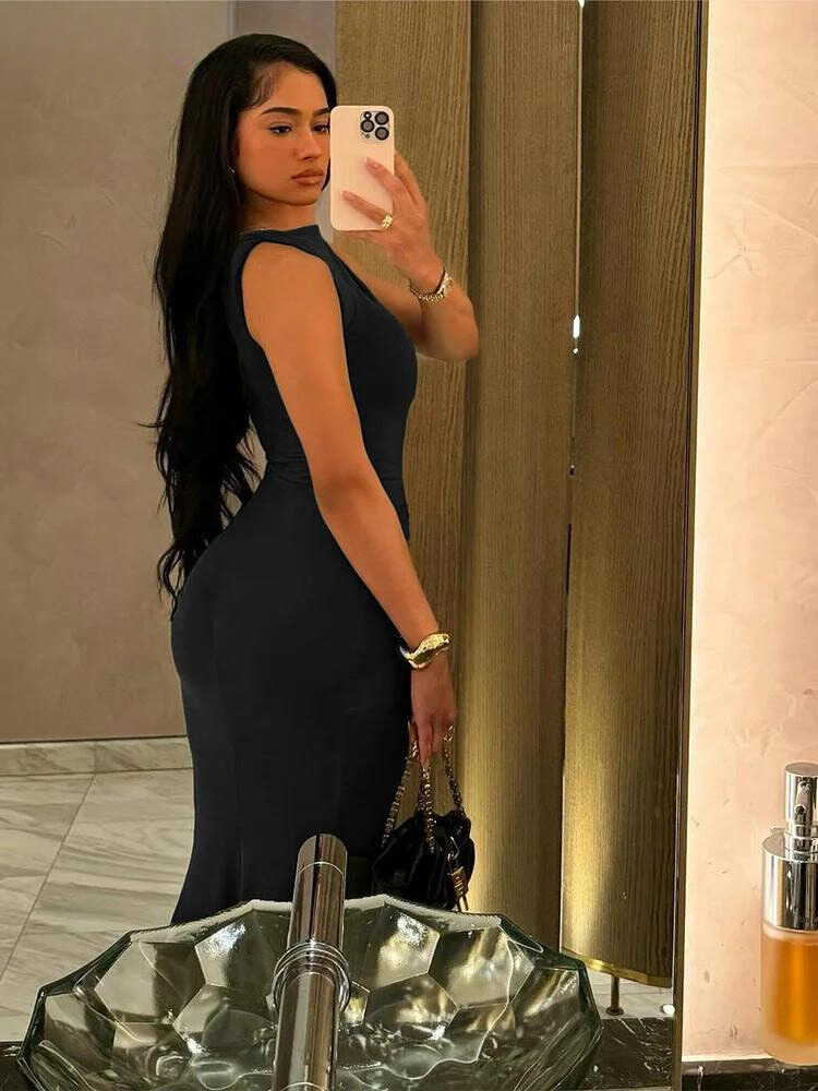 Simple Solid Sleeveless Cinched Waist Maxi Bodycon