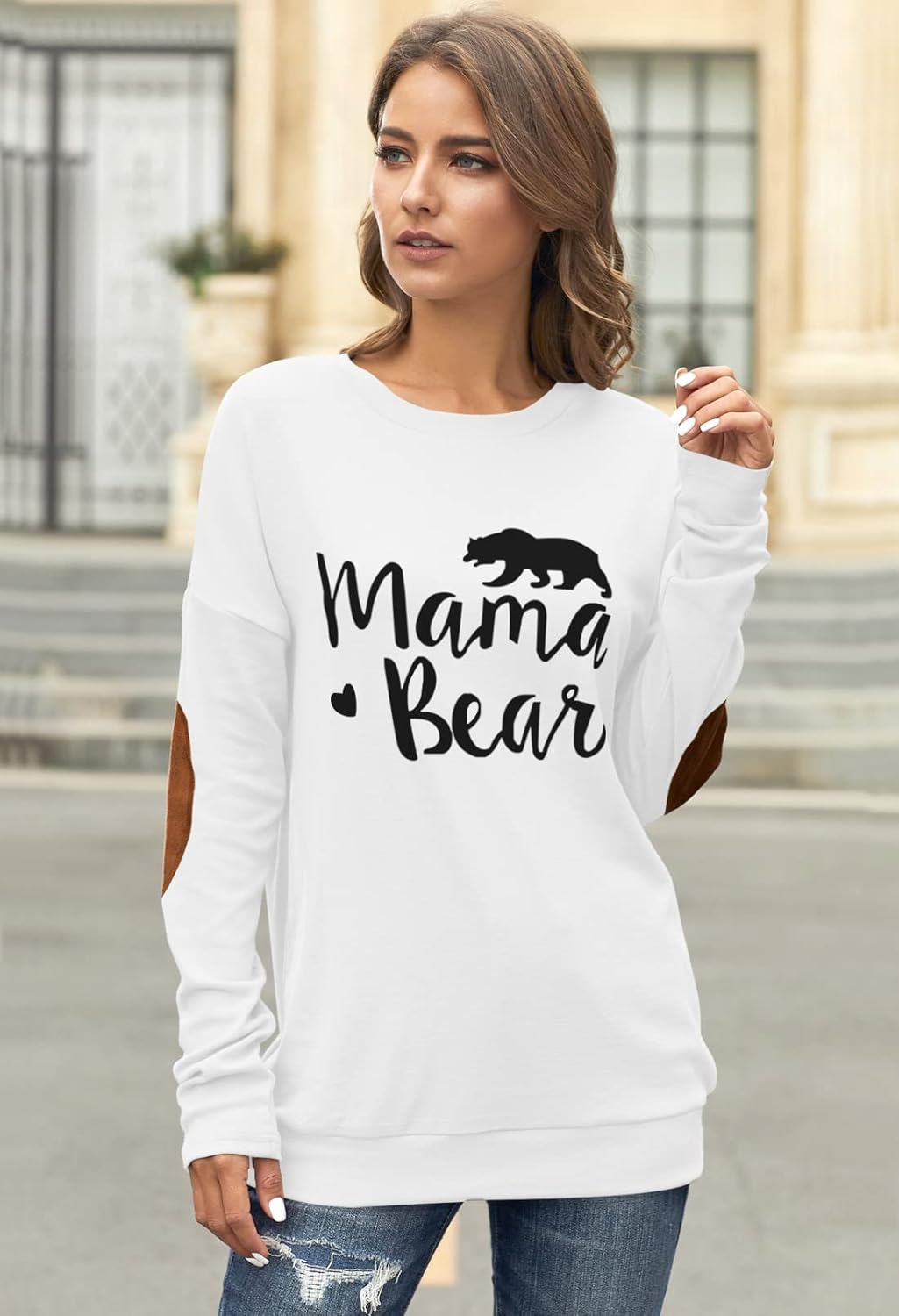 Womens Winter Long Sleeve Outdoor Coat Mama Bear T-Shirt Sweatshirt Top White L