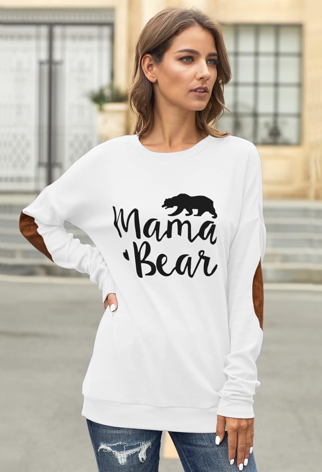 Womens Winter Long Sleeve Outdoor Coat Mama Bear T-Shirt Sweatshirt Top White L