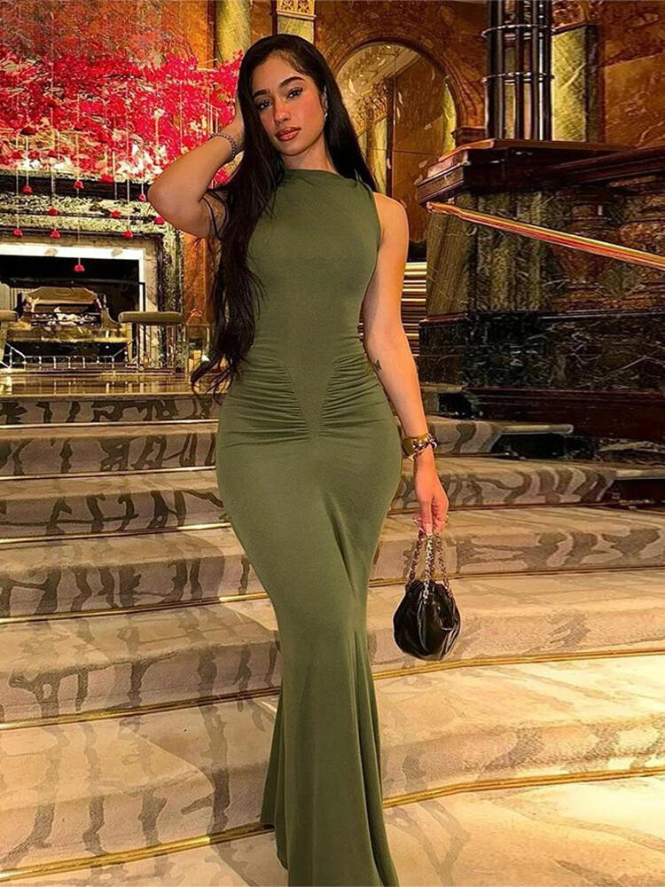 Simple Solid Sleeveless Cinched Waist Maxi Bodycon
