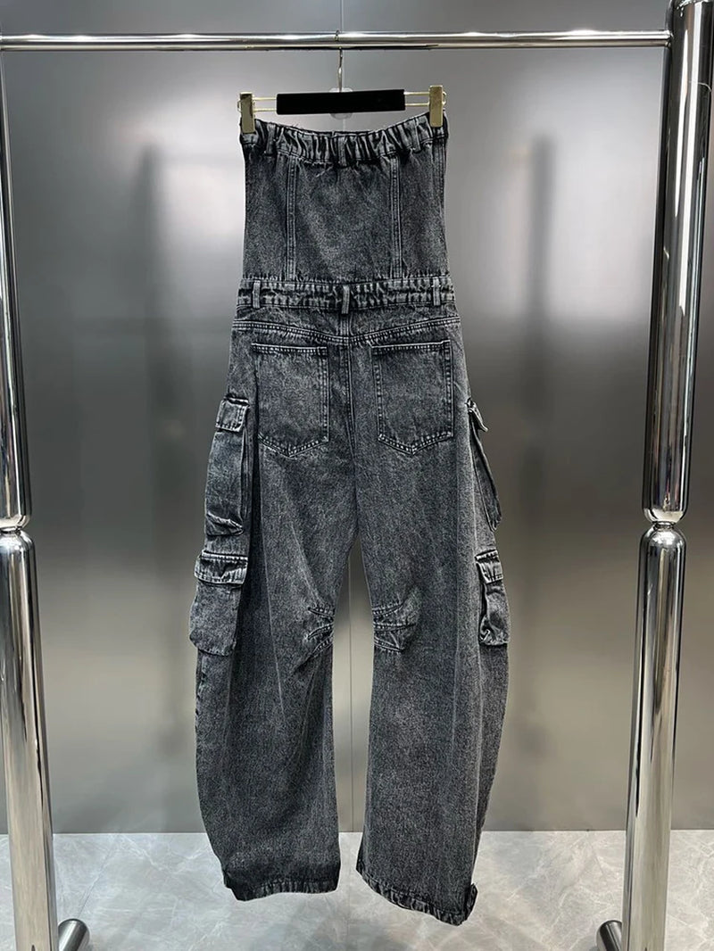 Streetwear Denim Jumpsuits for Women Strapless Sleeveless off Shoulder High Waist Cargo Pants