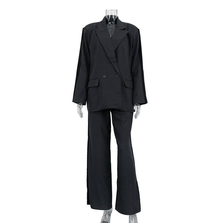 Contrast Color Long Sleeves Lapel Blazer Wide Leg Pants Two-piece Suit