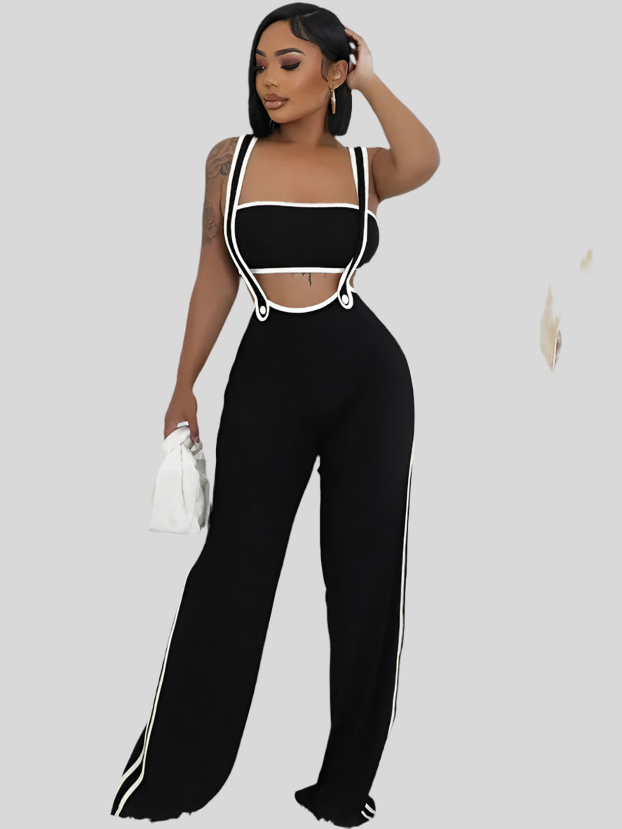 Bonnie Forest Women's Strapless Crop Top and Overall Jumper Two-Piece Outfits Ribbed Jumpsuits Tracksuits Set Summer Jogger Set