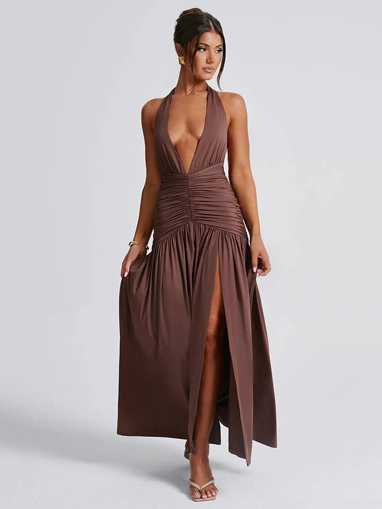 Mozision Halter Deep V Neck Backless Maxi Dress