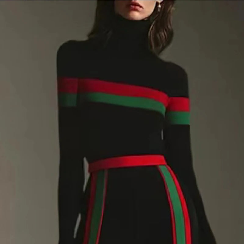 Beautyblue High Neck T-Shirts Women Black Top Sexy Slim Fit Long Sleeves Striped Split-Joint Bottom Basic Shirt Casual Clothing