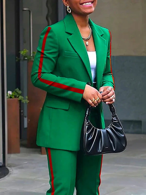 Freeacy Women's Fashion Two-piece Suit Blazer Coat & High Waist Suit Pants Trousers Urban Female Casual Side-striped Suits
