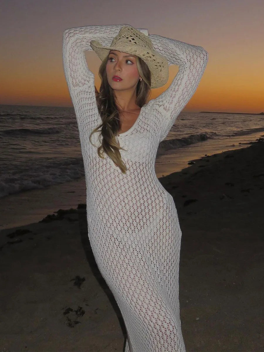 Deep V-Neck Hollow-Out Beach Knitwear Backless Dress