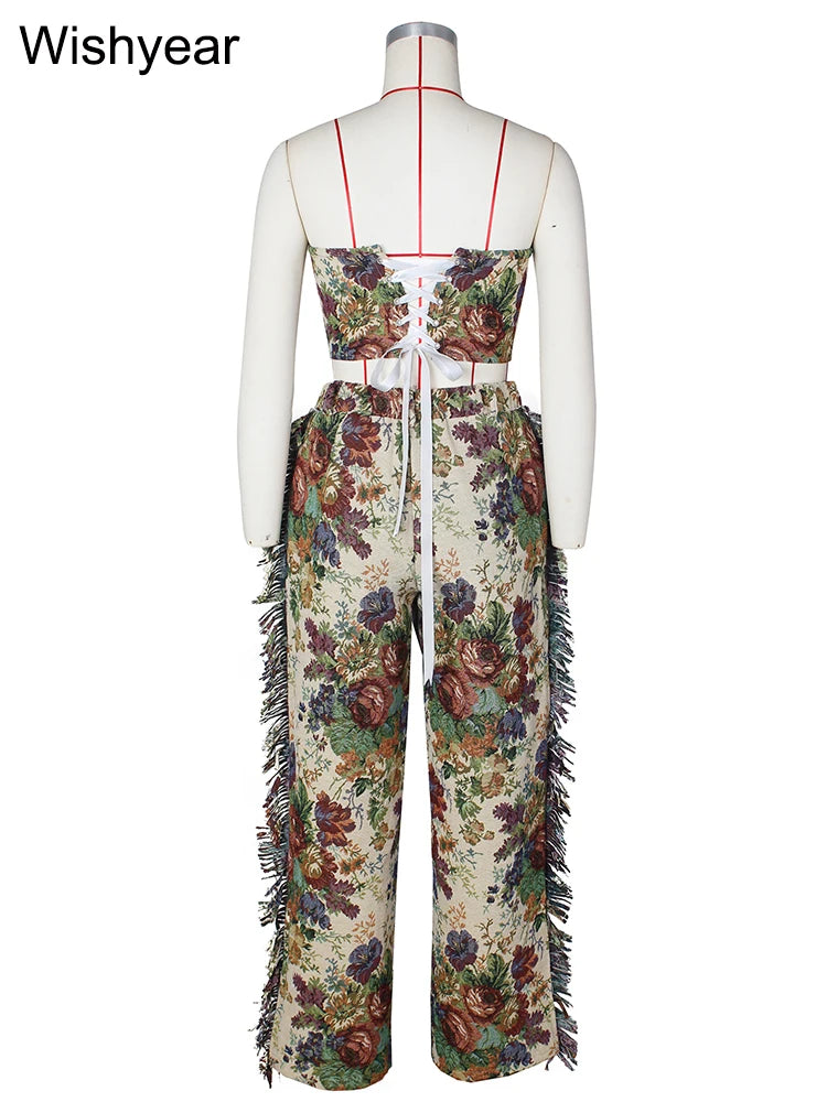 Fashion Printed 2 Two Pieces Outfits for Women Strapless Crop Top and Wide Leg Pants Tassels Matching Sets