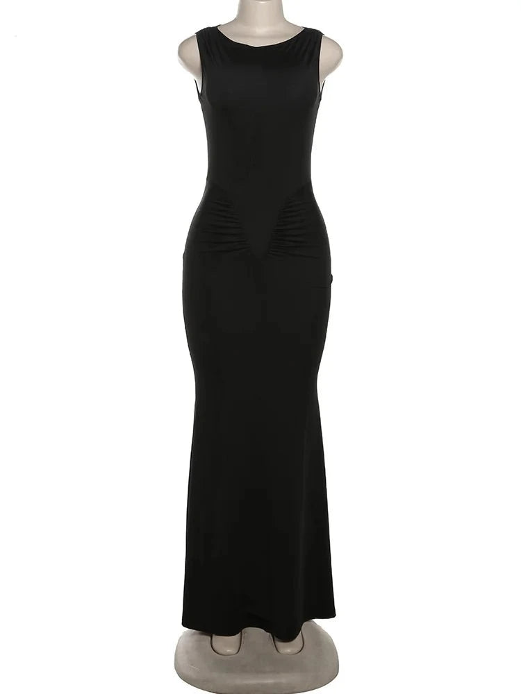 Simple Solid Sleeveless Cinched Waist Maxi Bodycon