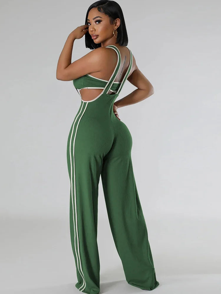 Bonnie Forest Women's Strapless Crop Top and Overall Jumper Two-Piece Outfits Ribbed Jumpsuits Tracksuits Set Summer Jogger Set