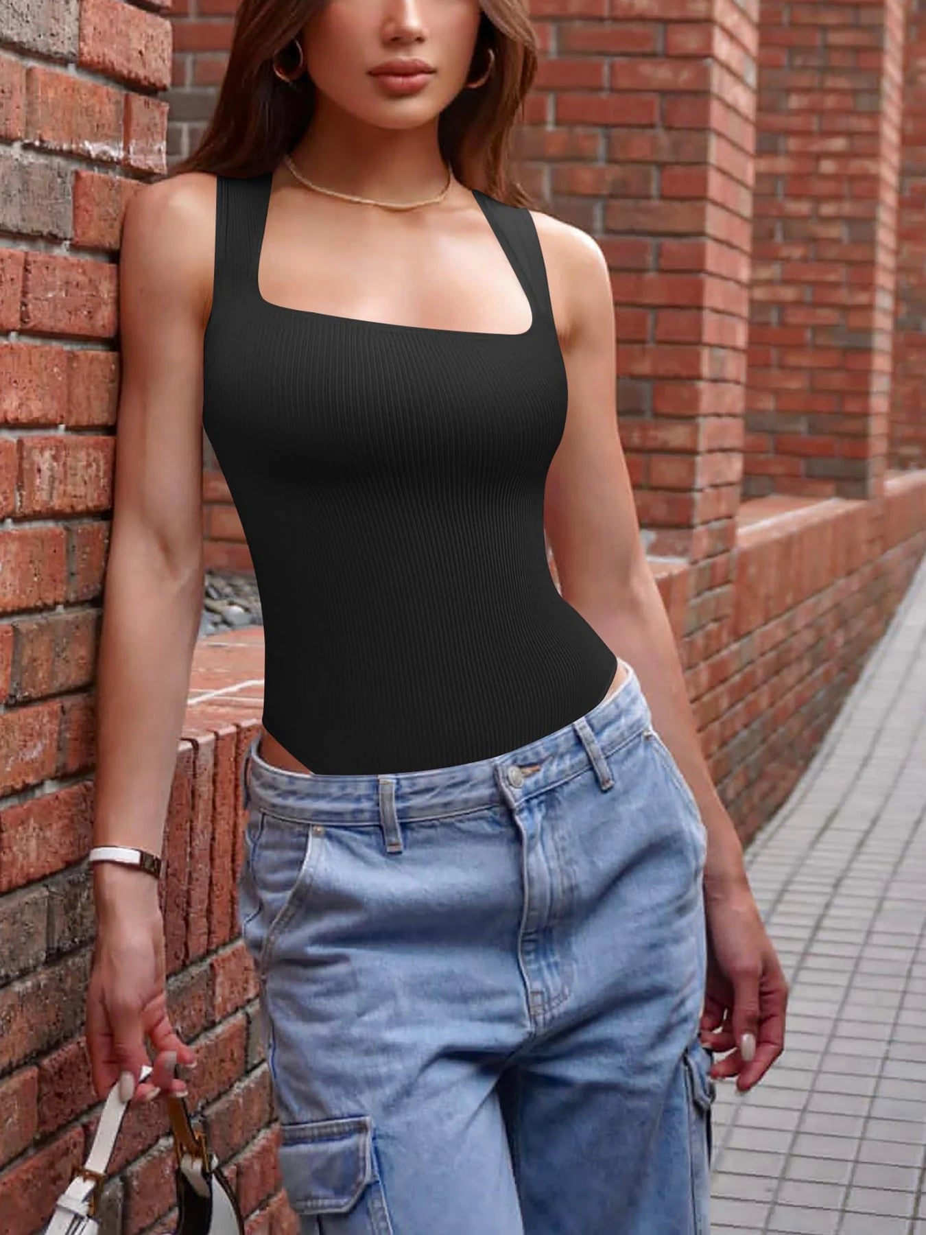 Women's sexy sleeveless square neck ribbed camisole Yoga jumpsuit