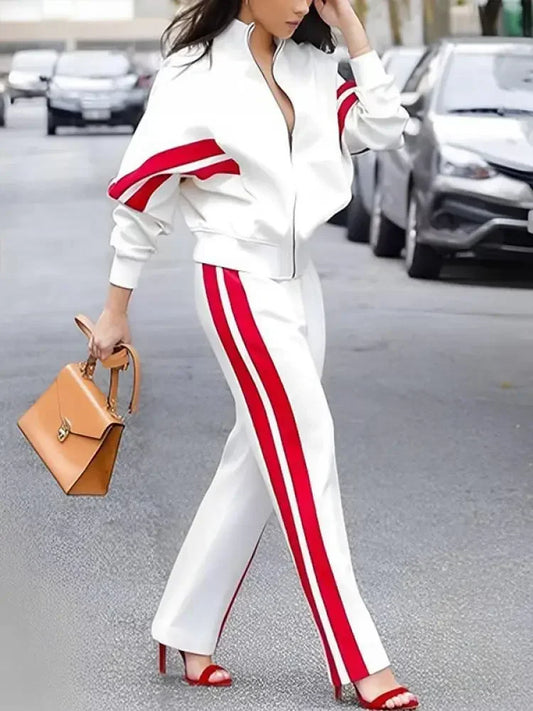 Missuoo New Side-Striped Pant Sets for Women Stand Collar Long Sleeve Jackets and High Waist Casual Straight Pants