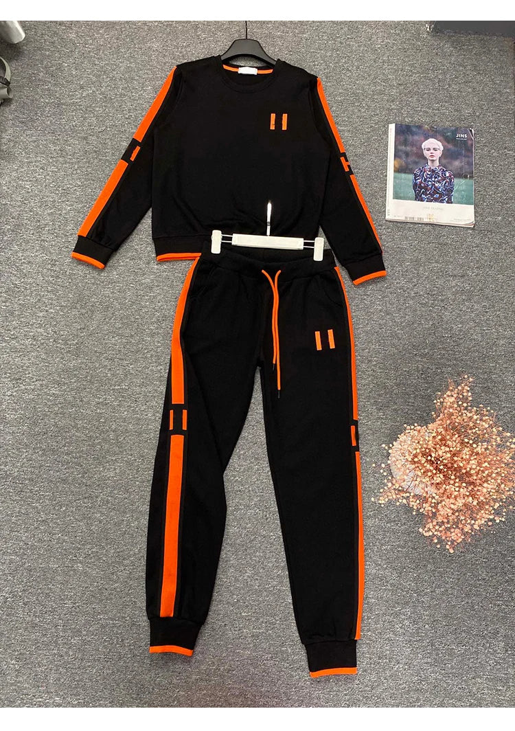 Sports style retro color pullover hoodie two-piece set 2024 autumn women's new + elastic waist nine-point pants fashion suit