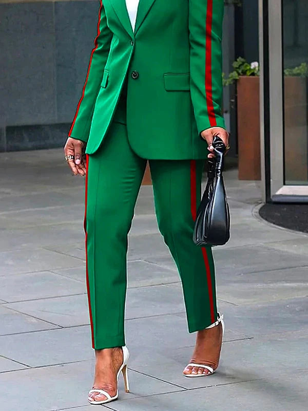 Freeacy Women's Fashion Two-piece Suit Blazer Coat & High Waist Suit Pants Trousers Urban Female Casual Side-striped Suits