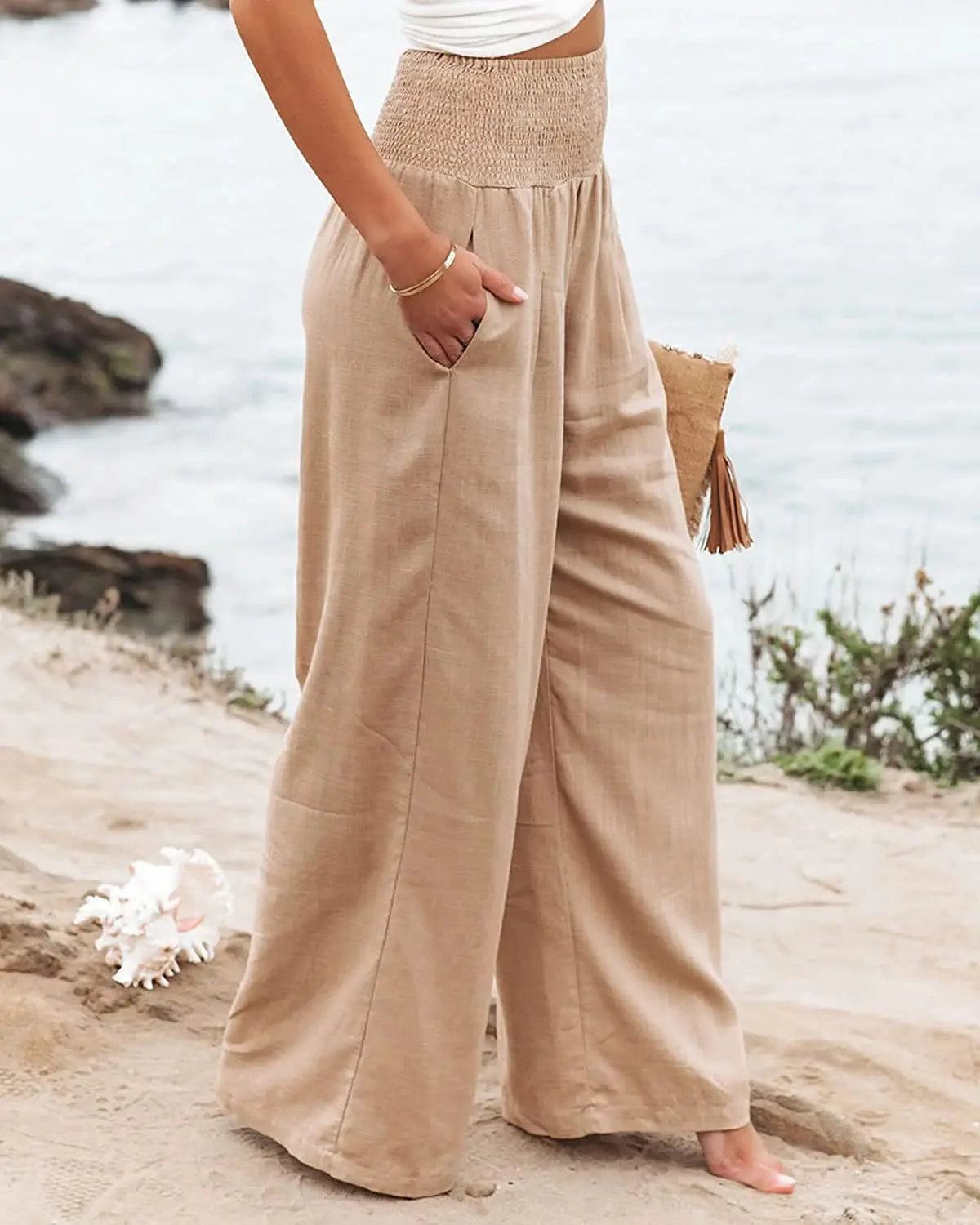 Autumn and Winter Women's Casual Cotton Hemp High Waist Pull Elastic Waist Pants