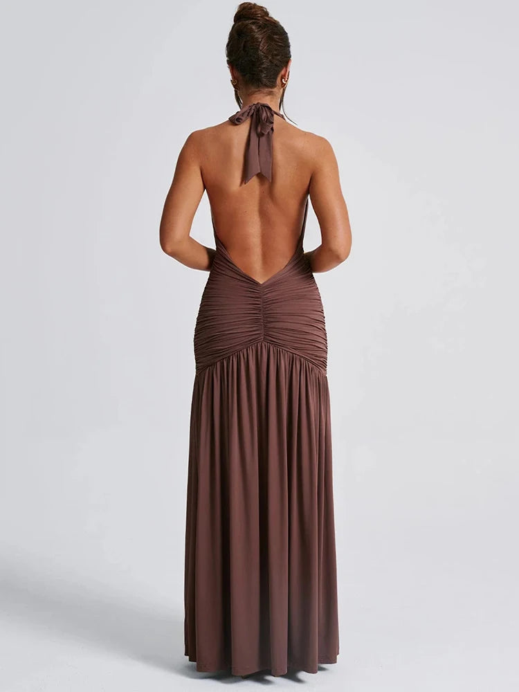 Mozision Halter Deep V Neck Backless Maxi Dress