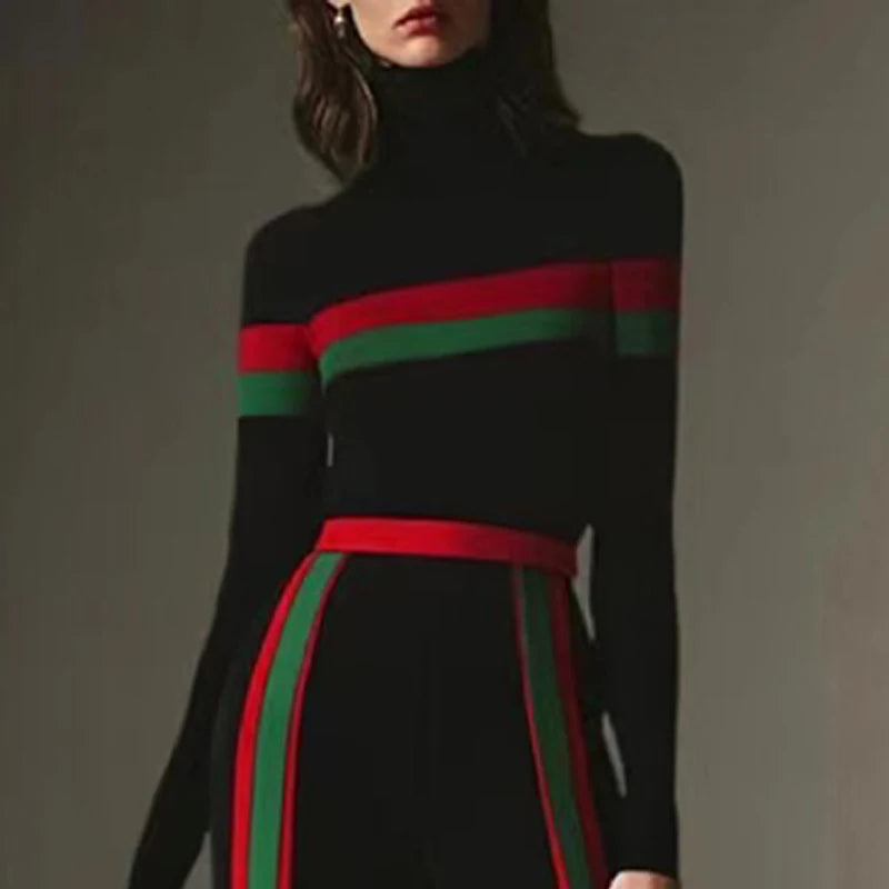 Beautyblue High Neck T-Shirts Women Black Top Sexy Slim Fit Long Sleeves Striped Split-Joint Bottom Basic Shirt Casual Clothing