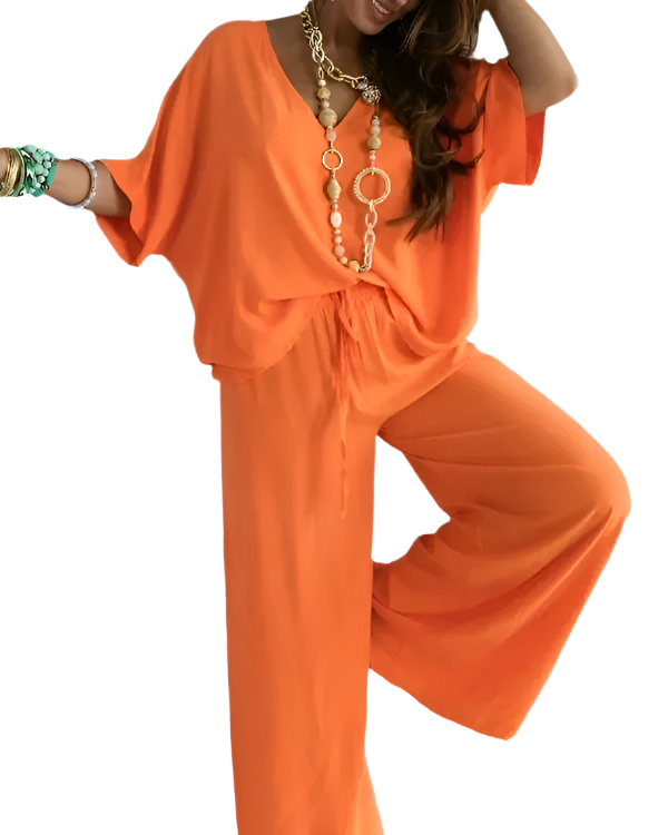 Women Fashion V-neck Summer Casual Loose Two Piece Outfits Set