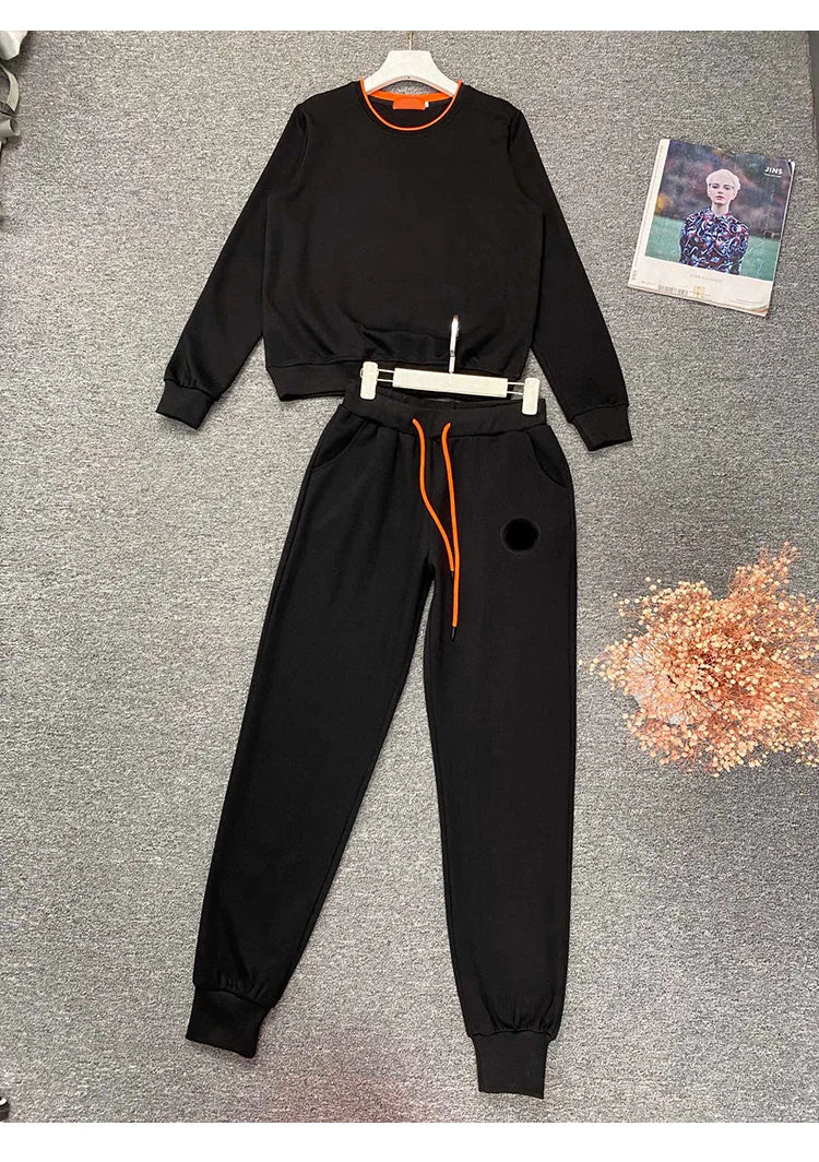 Sports style retro color pullover hoodie two-piece set 2024 autumn women's new + elastic waist nine-point pants fashion suit