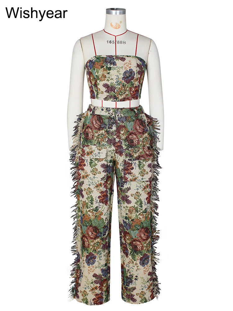 Fashion Printed 2 Two Pieces Outfits for Women Strapless Crop Top and Wide Leg Pants Tassels Matching Sets