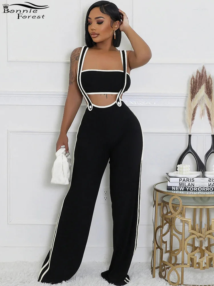 Bonnie Forest Women's Strapless Crop Top and Overall Jumper Two-Piece Outfits Ribbed Jumpsuits Tracksuits Set Summer Jogger Set