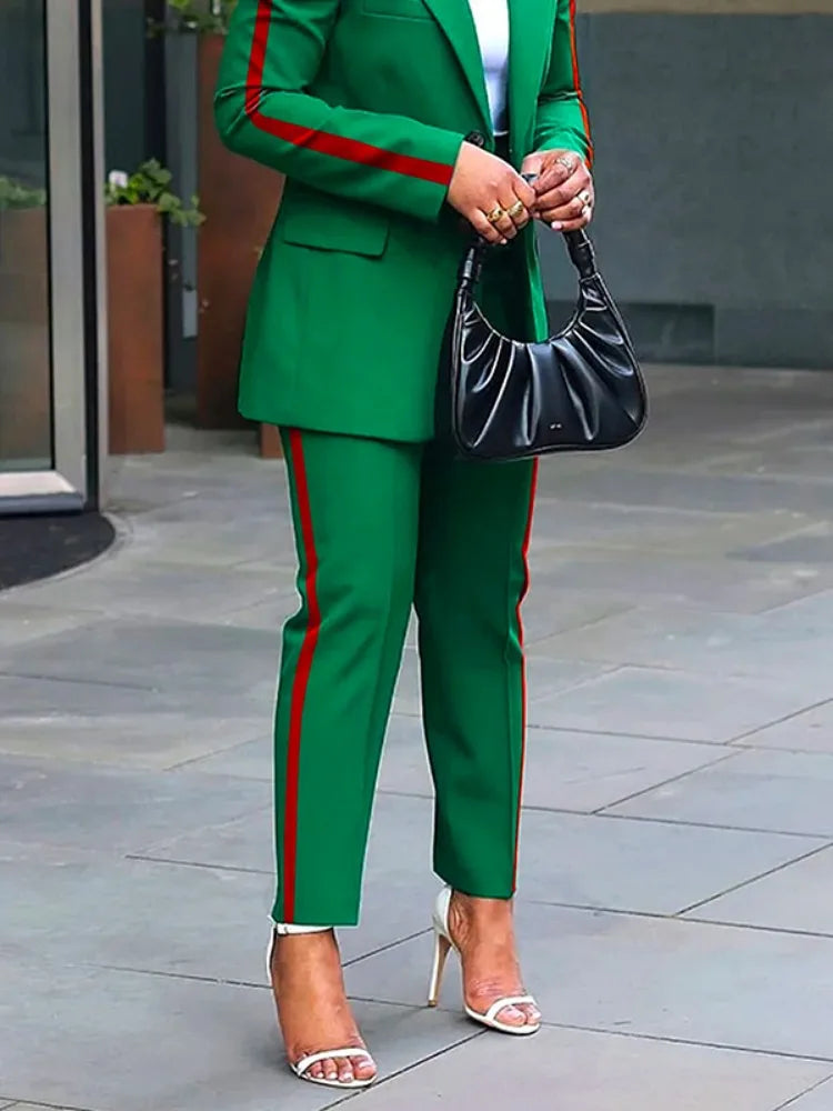 Freeacy Women's Fashion Two-piece Suit Blazer Coat & High Waist Suit Pants Trousers Urban Female Casual Side-striped Suits
