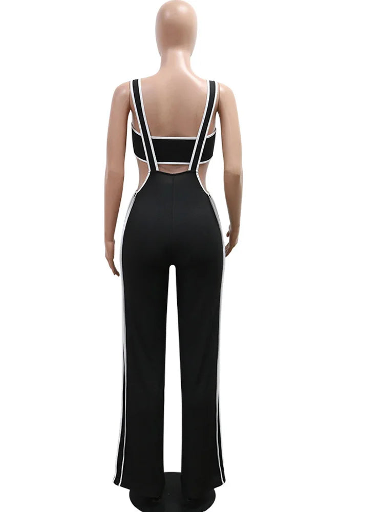Bonnie Forest Women's Strapless Crop Top and Overall Jumper Two-Piece Outfits Ribbed Jumpsuits Tracksuits Set Summer Jogger Set