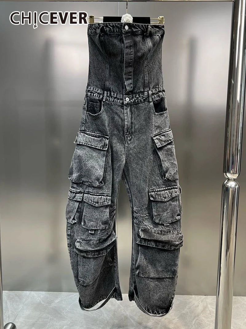 Streetwear Denim Jumpsuits for Women Strapless Sleeveless off Shoulder High Waist Cargo Pants