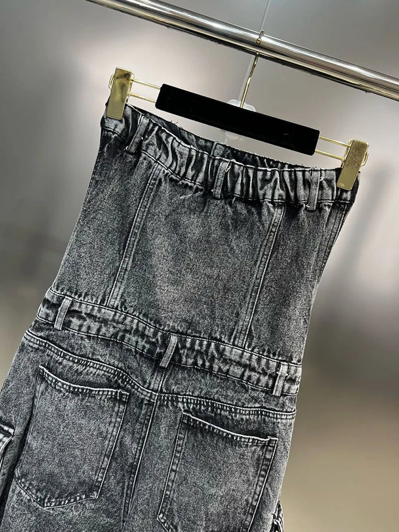 Streetwear Denim Jumpsuits for Women Strapless Sleeveless off Shoulder High Waist Cargo Pants