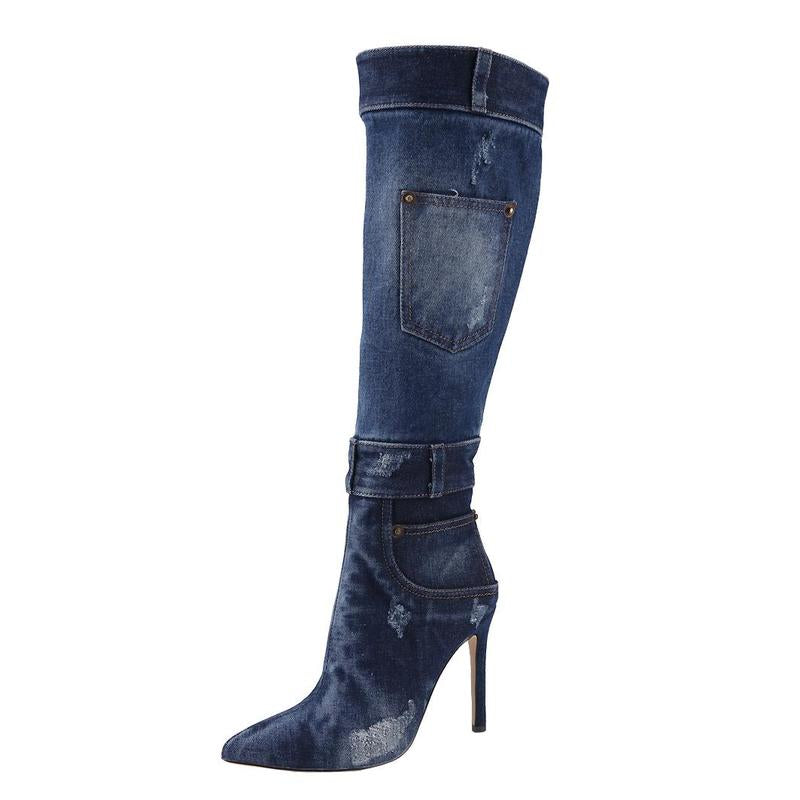 Belovely Women'S Denim Mid-Calf Boots with Pointed Toes (ORDER SIZE UP!) | Going Out Heels with Rubber Padded Sole for Comfort and Style