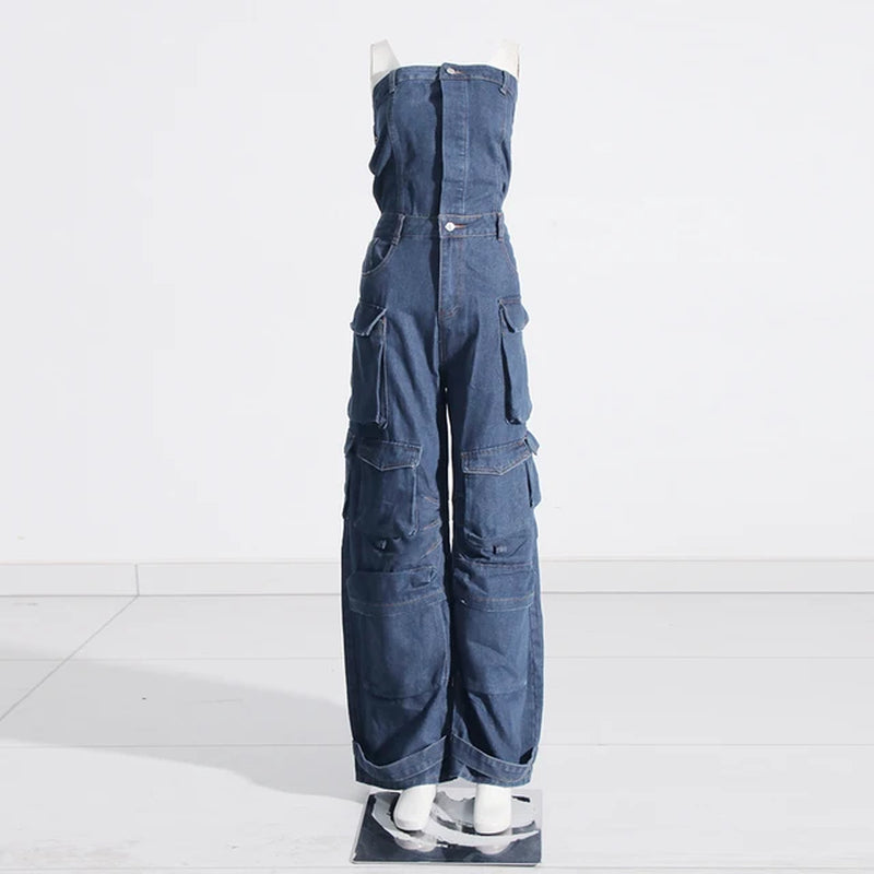 Streetwear Denim Jumpsuits for Women Strapless Sleeveless off Shoulder High Waist Cargo Pants