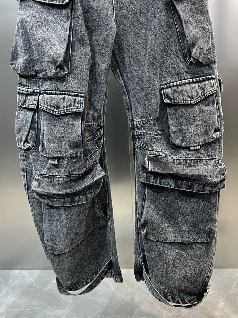 Streetwear Denim Jumpsuits for Women Strapless Sleeveless off Shoulder High Waist Cargo Pants