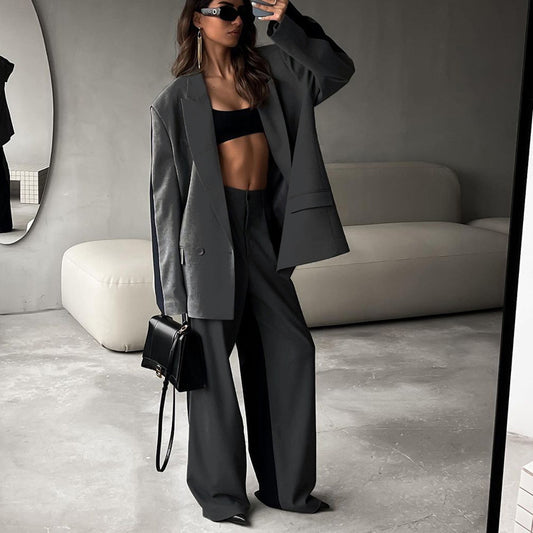 Contrast Color Long Sleeves Lapel Blazer Wide Leg Pants Two-piece Suit