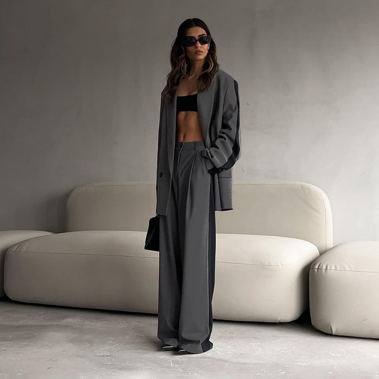 Contrast Color Long Sleeves Lapel Blazer Wide Leg Pants Two-piece Suit