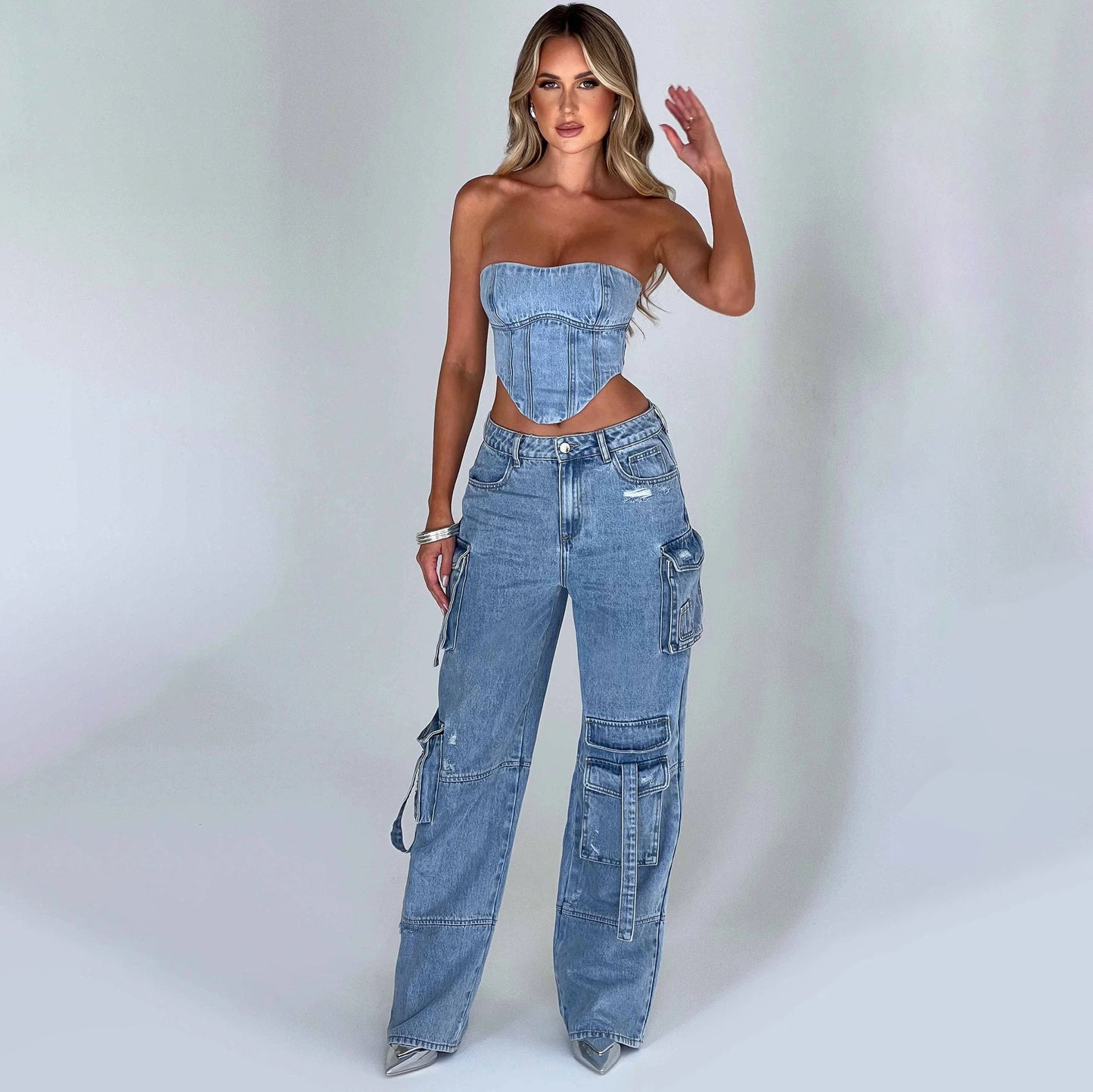 Women'S Suit Low Waist Three-Dimensional Tube Top and Pocket Stitching Cargo Jeans