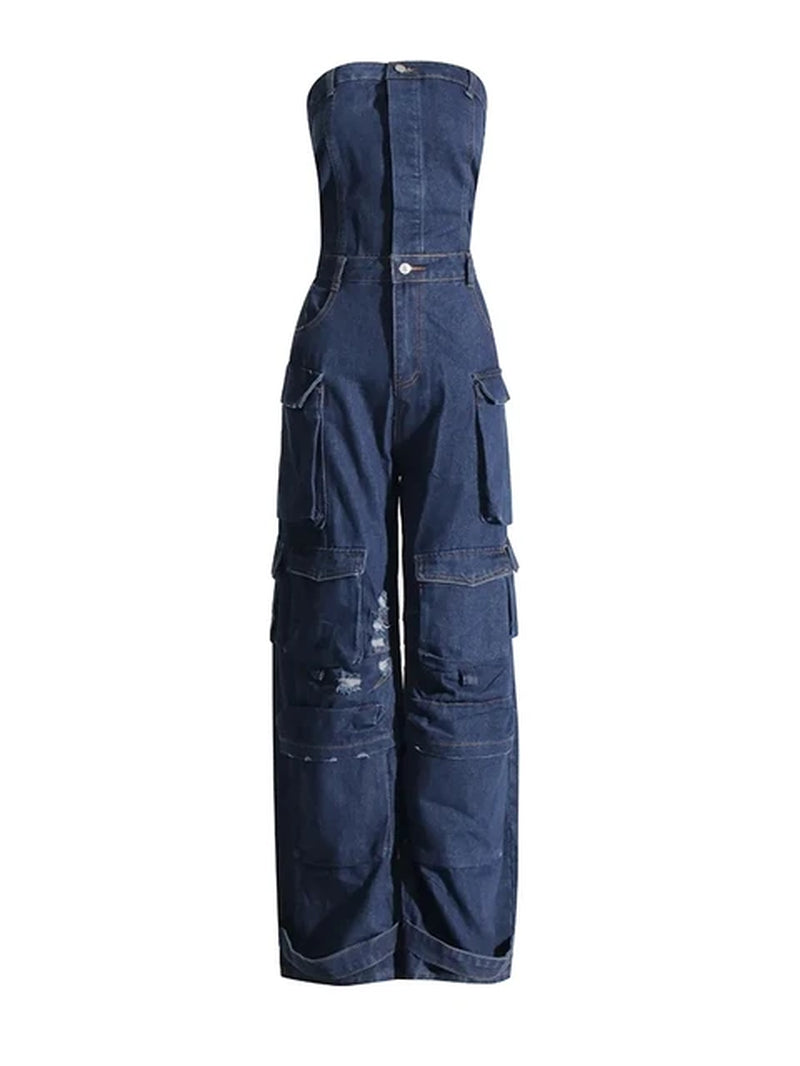 Streetwear Denim Jumpsuits for Women Strapless Sleeveless off Shoulder High Waist Cargo Pants
