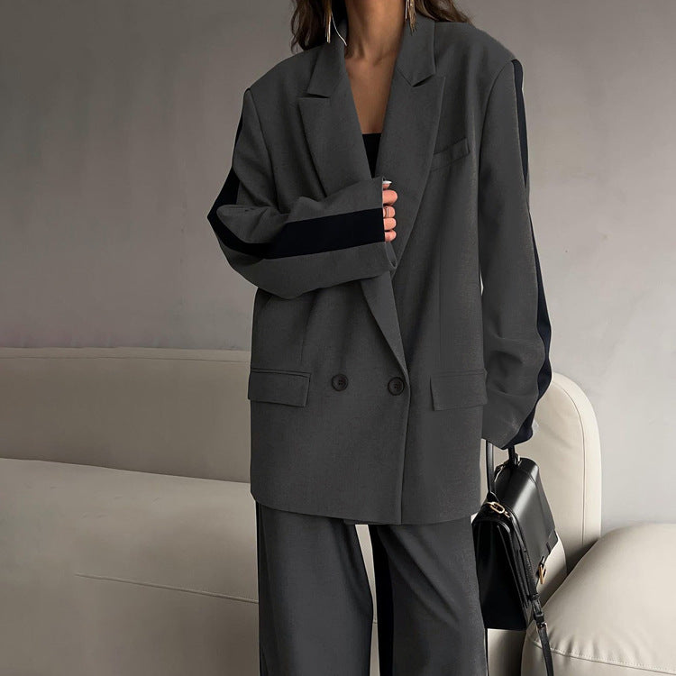 Contrast Color Long Sleeves Lapel Blazer Wide Leg Pants Two-piece Suit