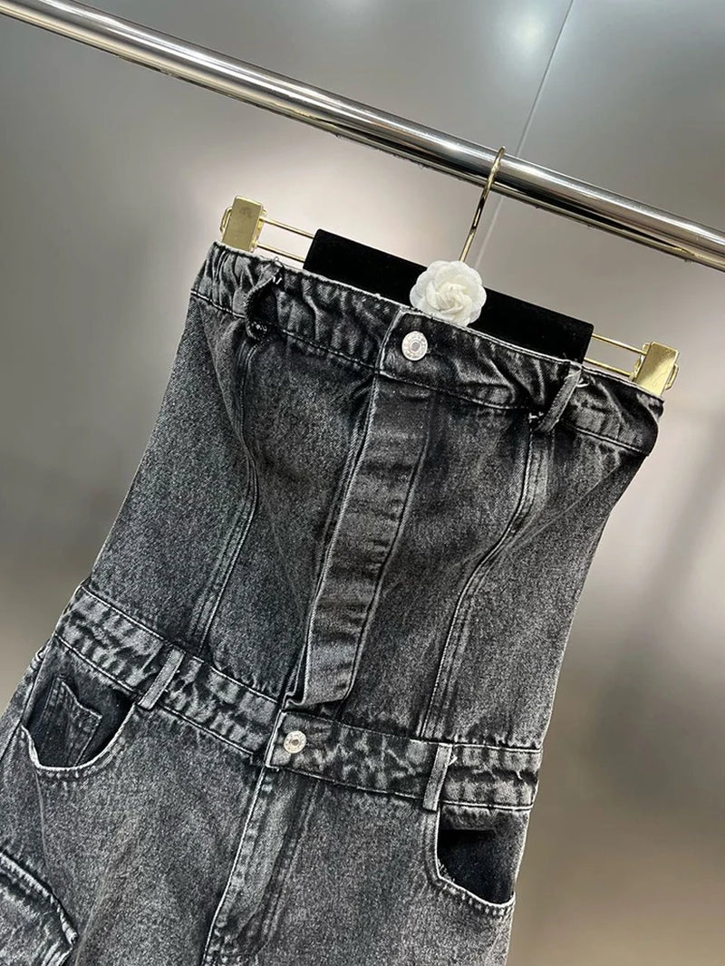Streetwear Denim Jumpsuits for Women Strapless Sleeveless off Shoulder High Waist Cargo Pants