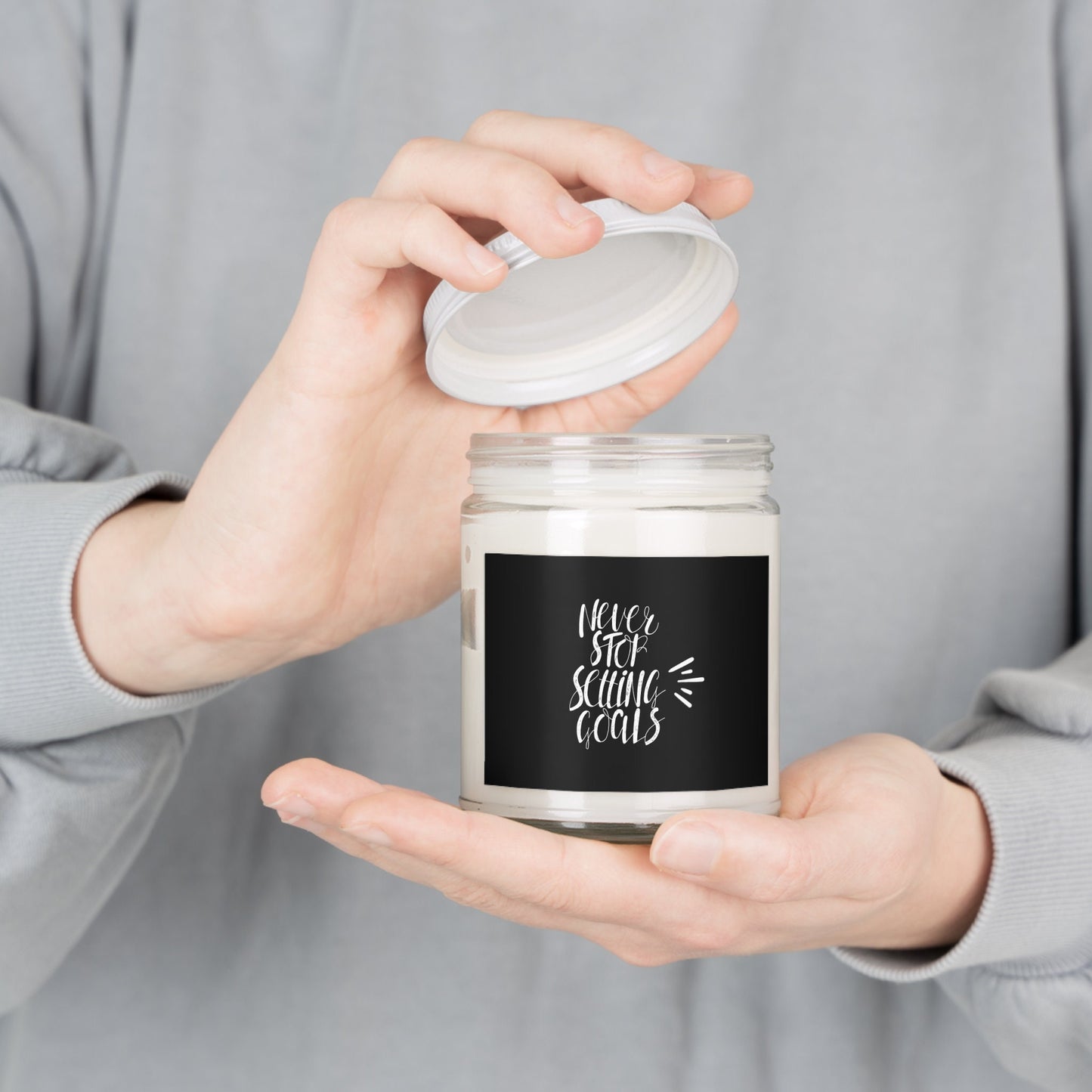 Never Stop Setting Goals, Create an uplifting atmosphere: Motivational Quote Scented Candle - ideal for housewarming gifts, Glass Jar Candle