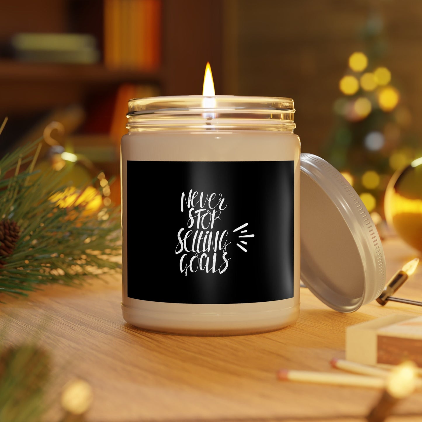 Never Stop Setting Goals, Create an uplifting atmosphere: Motivational Quote Scented Candle - ideal for housewarming gifts, Glass Jar Candle